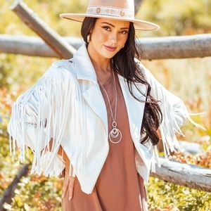 🐑MAINSTRIP Off White Faux Leather Fringe Jacket COWGIRL LOVE!!!